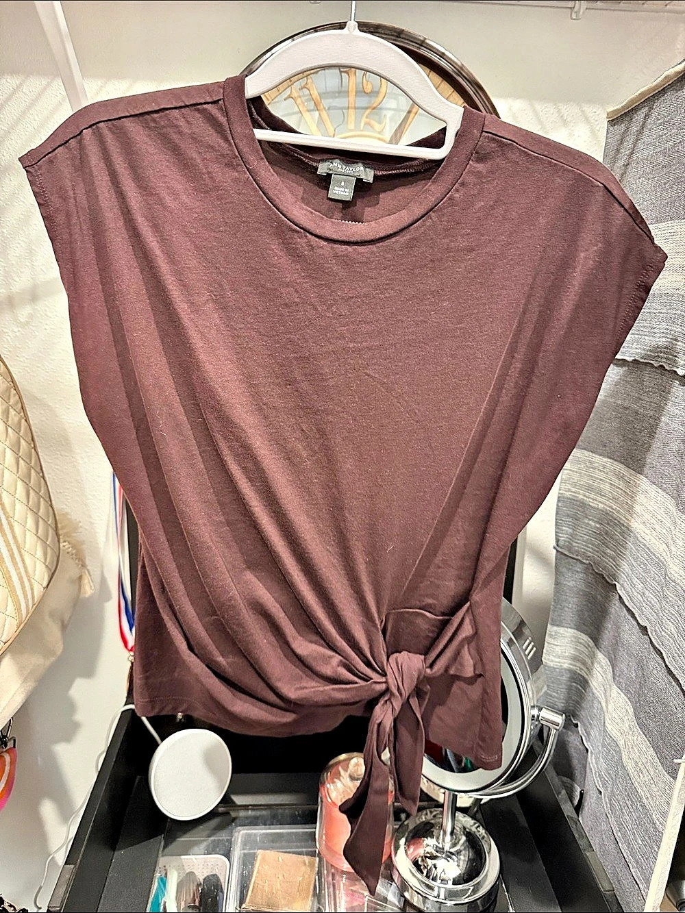 Ann Taylor Short Sleeve Tie-Front Top in deep purple